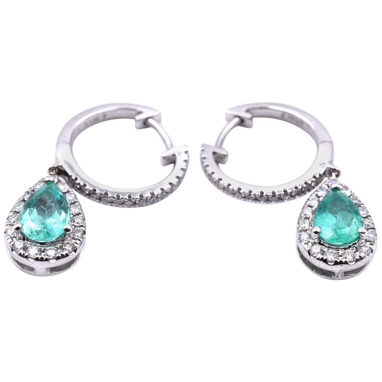 14 Karat White Gold Emerald and Diamond Drop Earrings For Sale