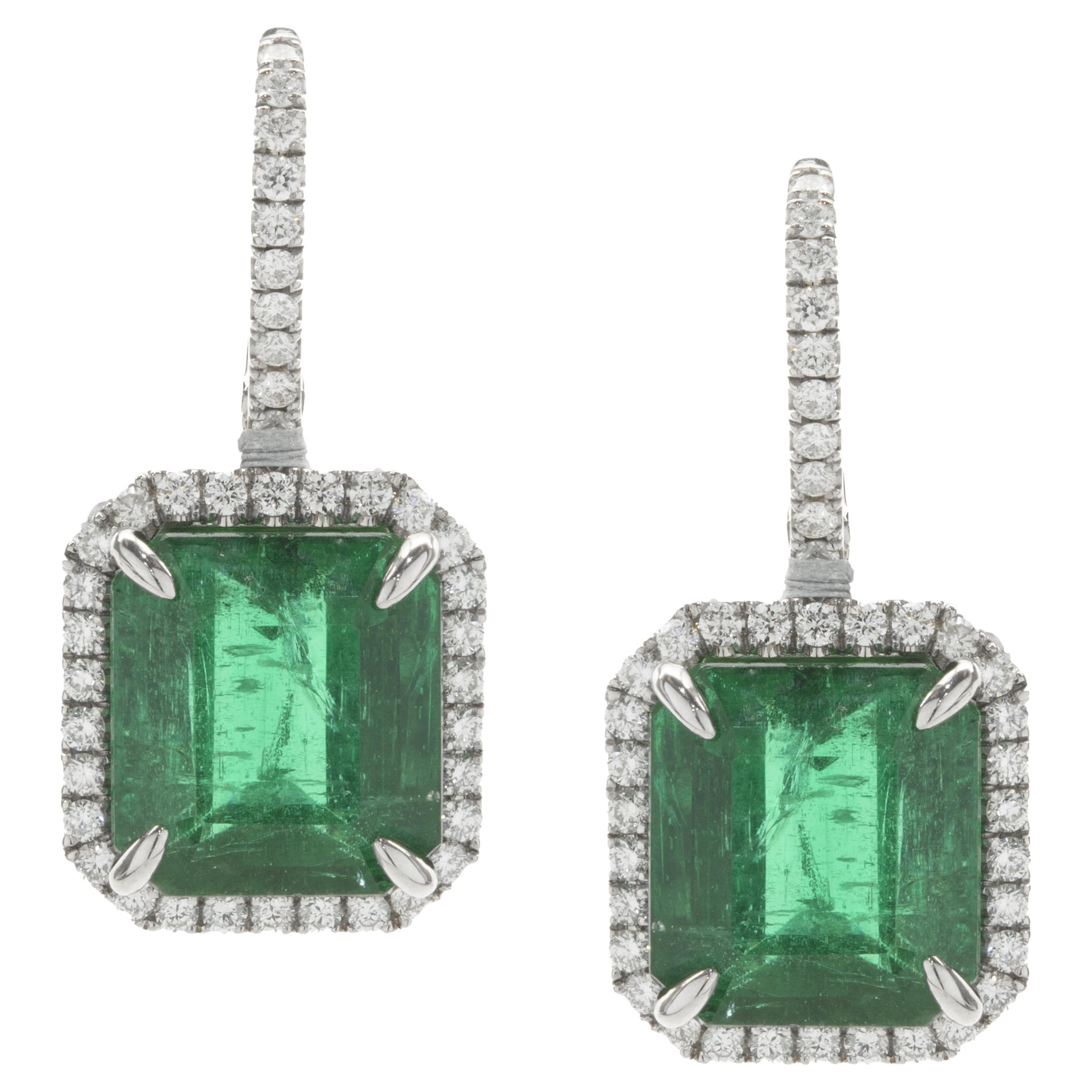 14 Karat White Gold Emerald and Diamond Drop Earrings For Sale