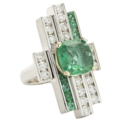 14 Karat White Gold Emerald and Diamond Elongated Step Ring
