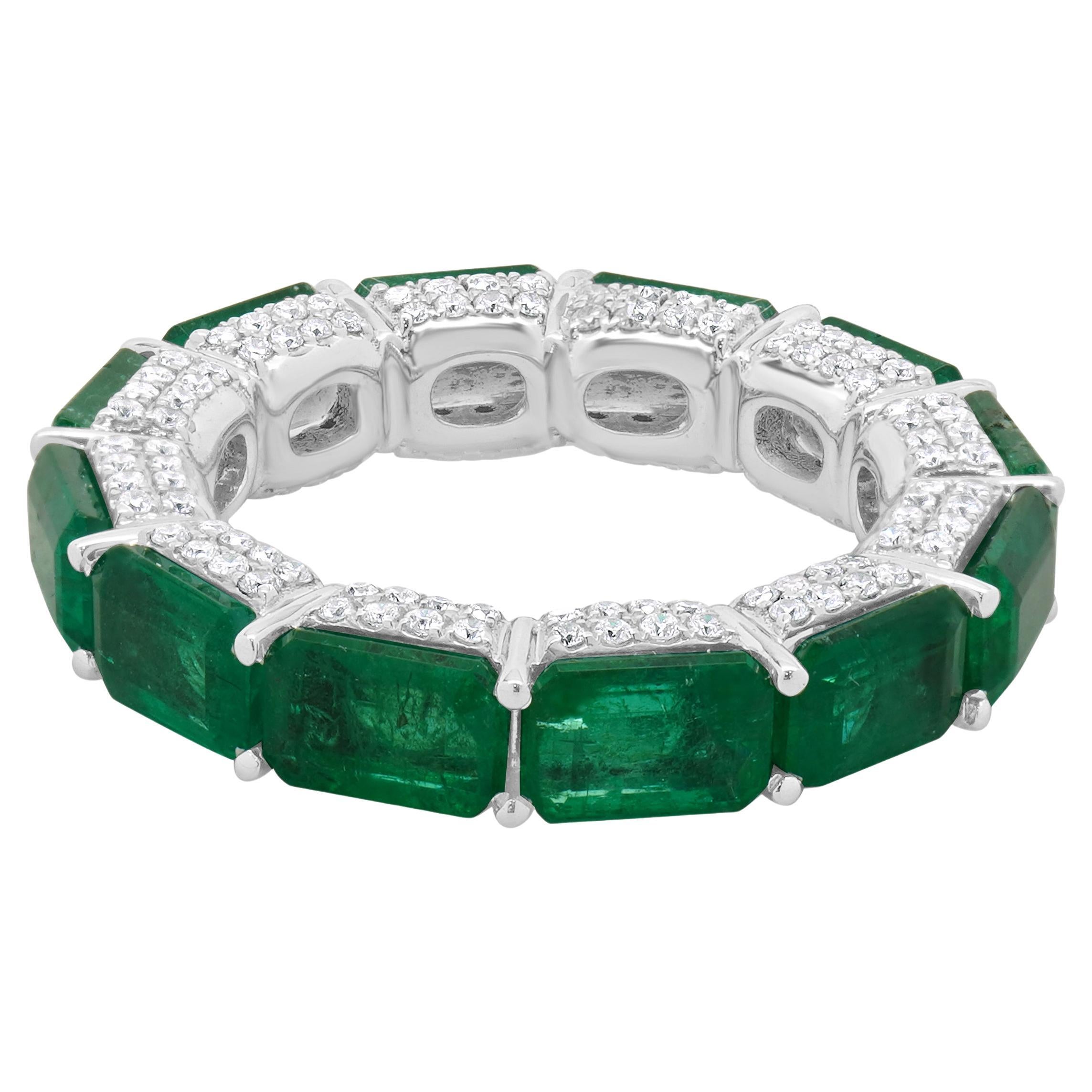 14 Karat White Gold Emerald and Diamond Eternity Band For Sale