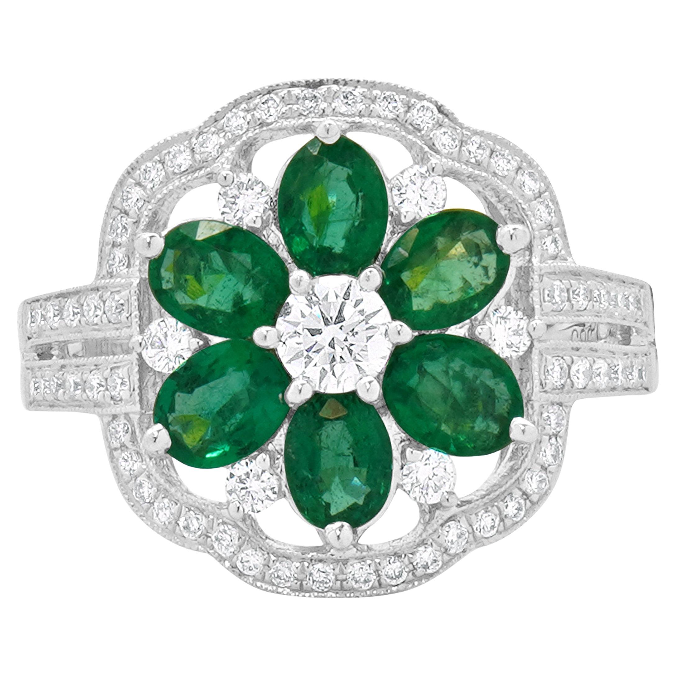 14 Karat White Gold Emerald and Diamond Flower Ring