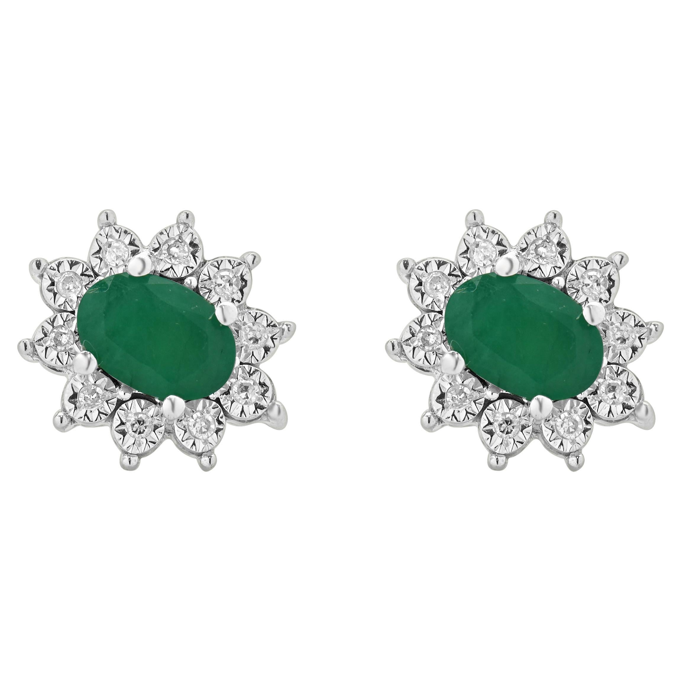 14 Karat White Gold Emerald and Diamond Halo Stud Earrings For Sale