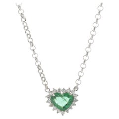 14 Karat White Gold Emerald and Diamond Heart Necklace