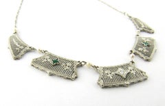 14 Karat White Gold Genuine Emerald and Diamond Necklace