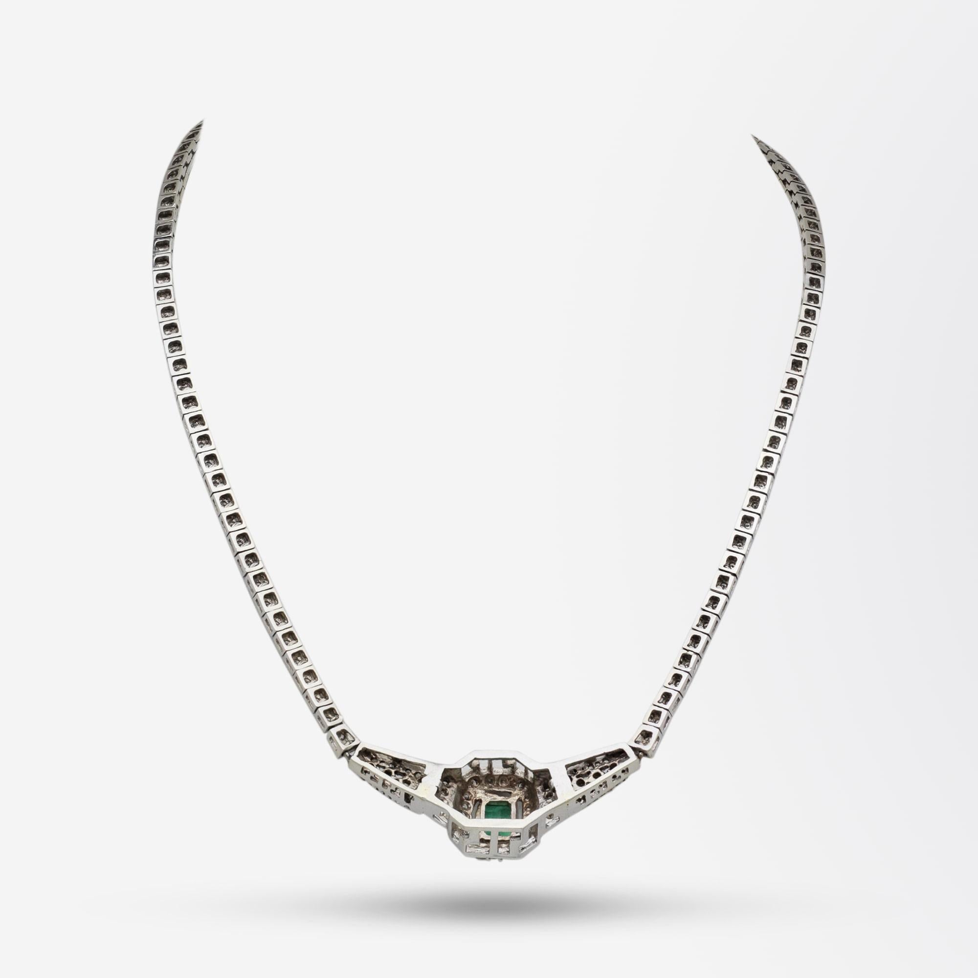 Brilliant Cut 14 Karat White Gold, Emerald, and Diamond Necklace