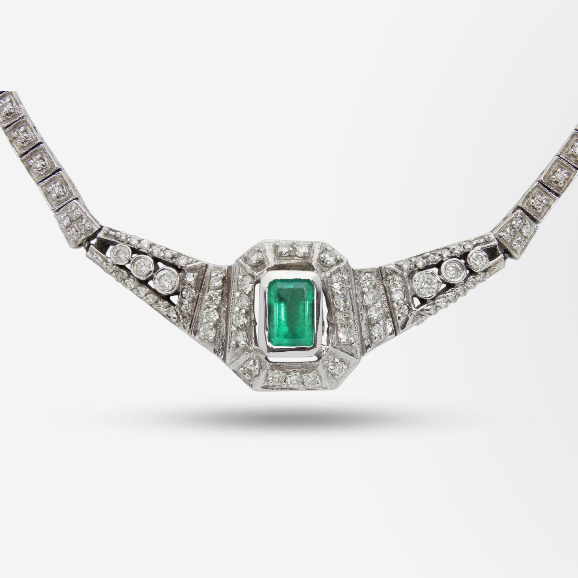 14 Karat White Gold, Emerald, and Diamond Necklace In Good Condition In Brisbane, QLD