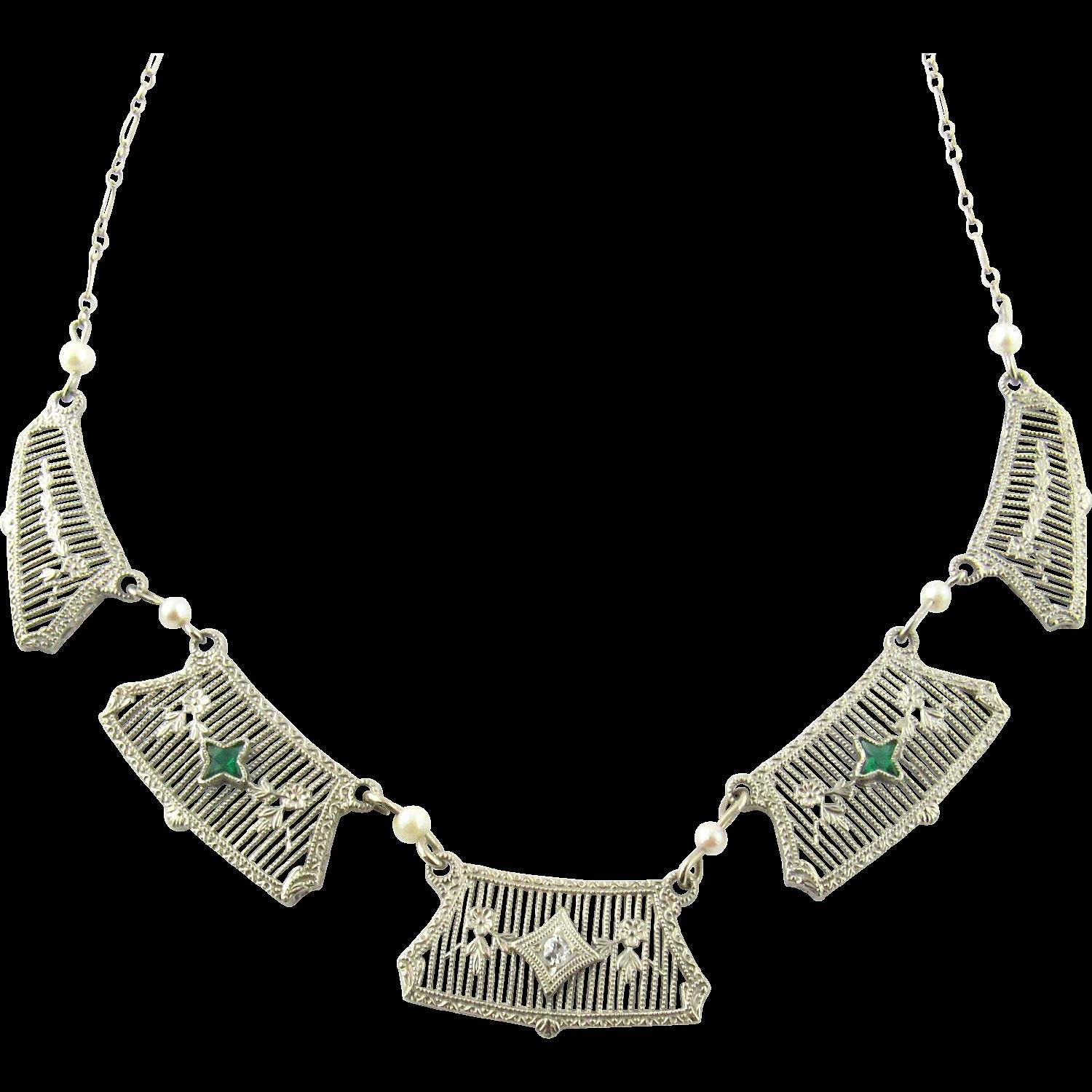 Women's 14 Karat White Gold Genuine Emerald and Diamond Necklace