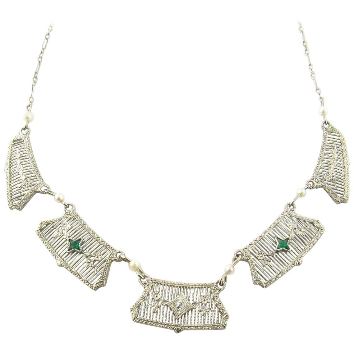 14 Karat White Gold Genuine Emerald and Diamond Necklace