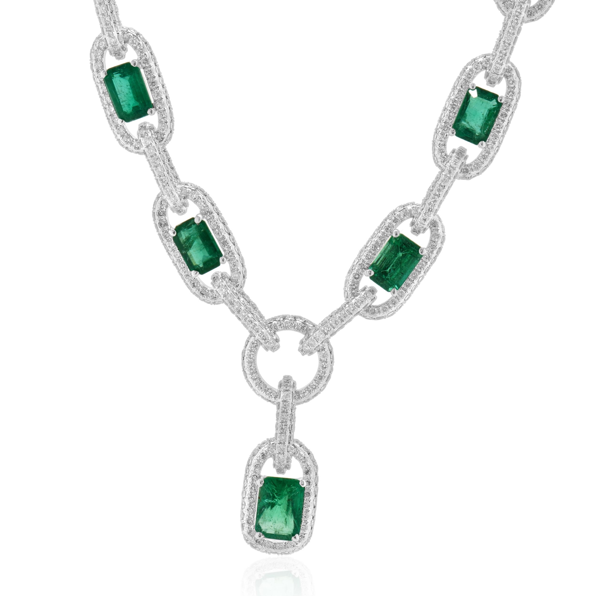 Designer: custom
Material: 14K white gold
Diamond: 1020 round brilliant cut = 5.10cttw
Color: G
Clarity: VS-SI1
Emerald: 11 = 6.05cttw AAA+
Dimensions: necklace measures 16-inches in length
Weight: 33.13 grams
