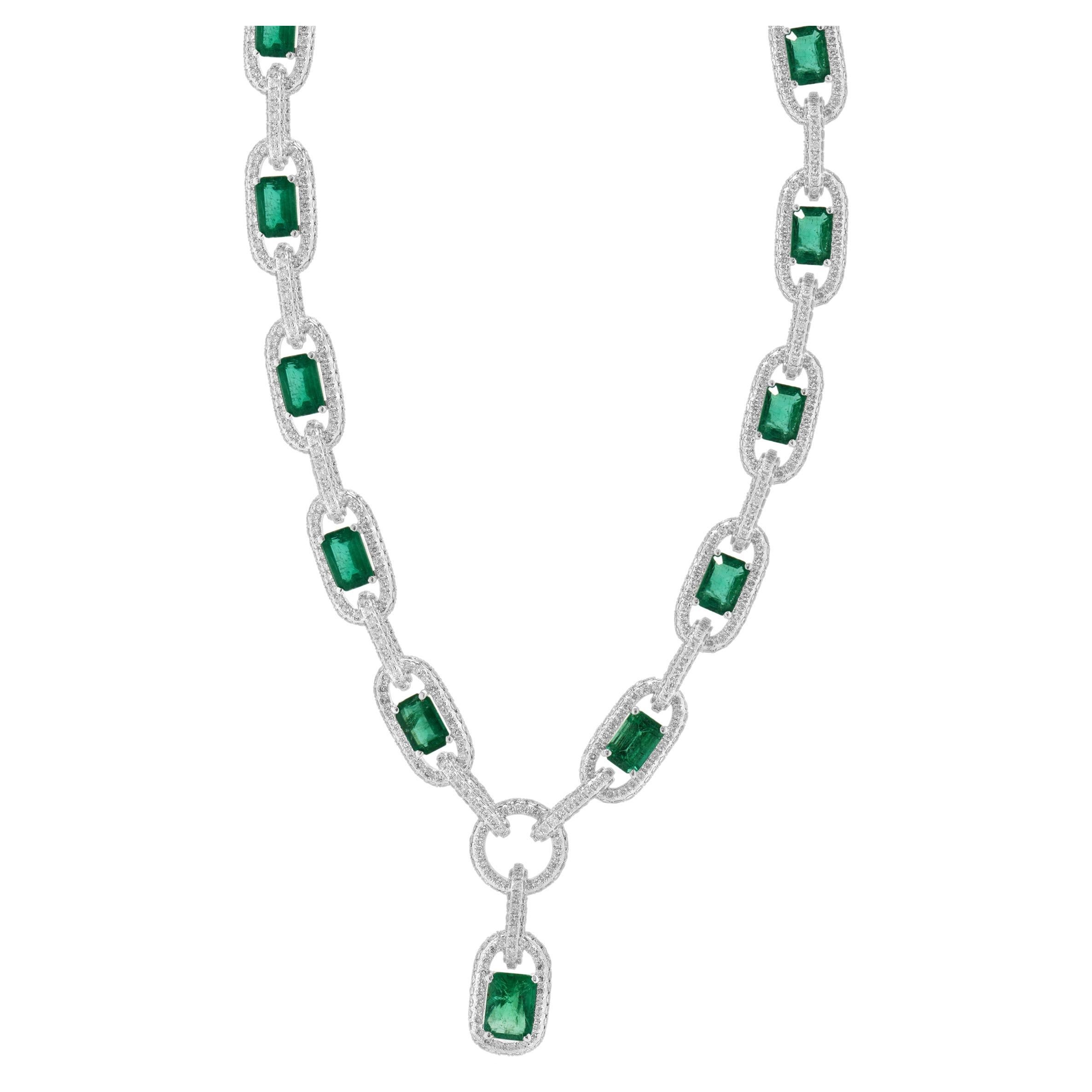 14 Karat White Gold Emerald and Diamond Oval Link Necklace