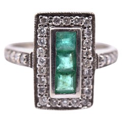 14 Karat White Gold Emerald and Diamond Ring, Era. 1920s
