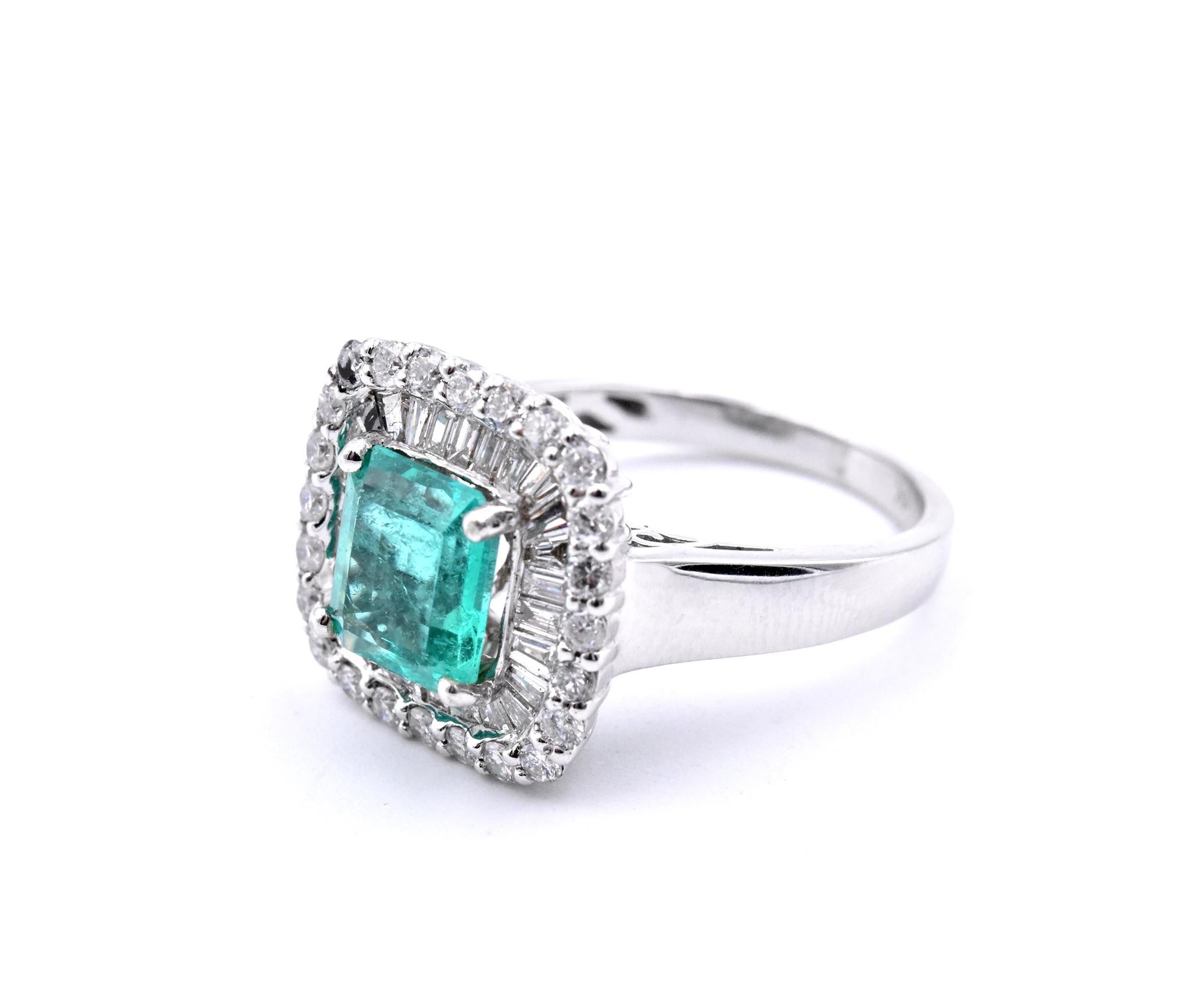 Material: 14k white gold
Gemstones: Emerald = 1.60ct Emerald Cut
Certification: AGI 25354
Diamonds: 51 round brilliant cuts = 1.08cttw
Color: F
Clarity: VS2-SI
Ring Size: 7.5 (please allow two additional shipping days for sizing