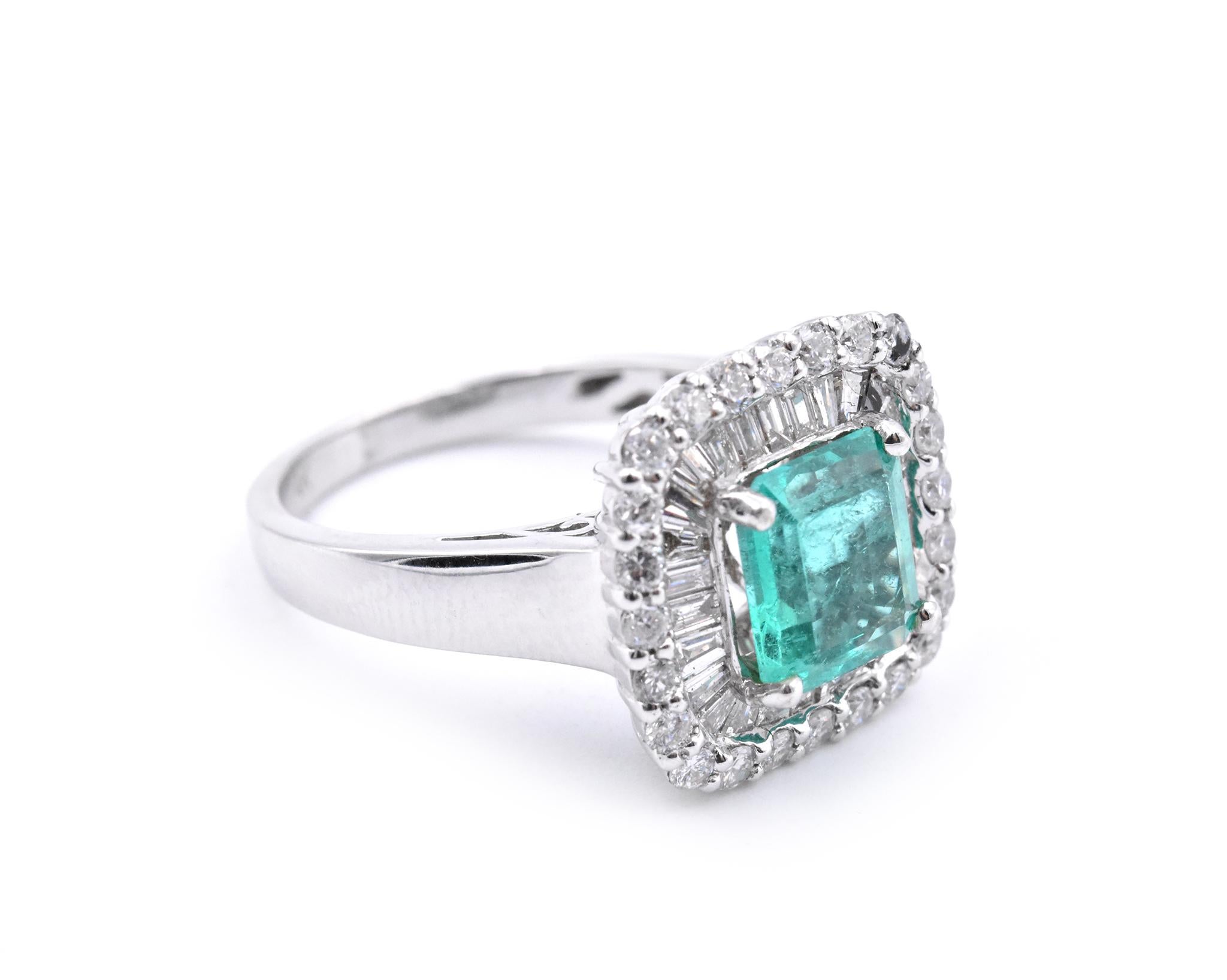 Emerald Cut 14 Karat White Gold Emerald and Diamond Ring