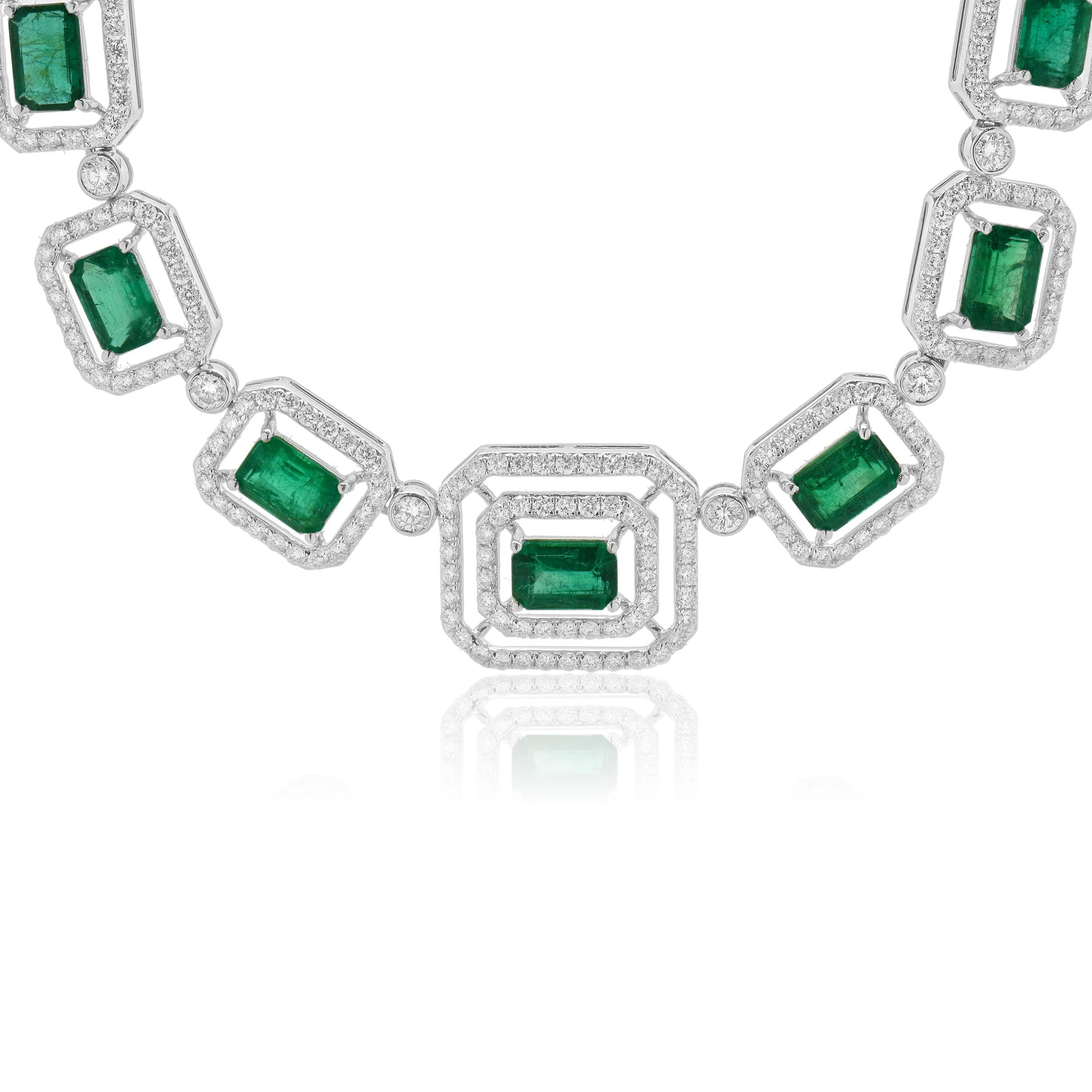 Designer: custom
Material: 14K white gold
Diamond: 801 round brilliant cut = 7.23cttw
Color: G
Clarity: VS-SI1
Emerald: 31 = 18.14cttw AAA+
Dimensions: necklace measures 16-inches in length
Weight: 37.00 grams