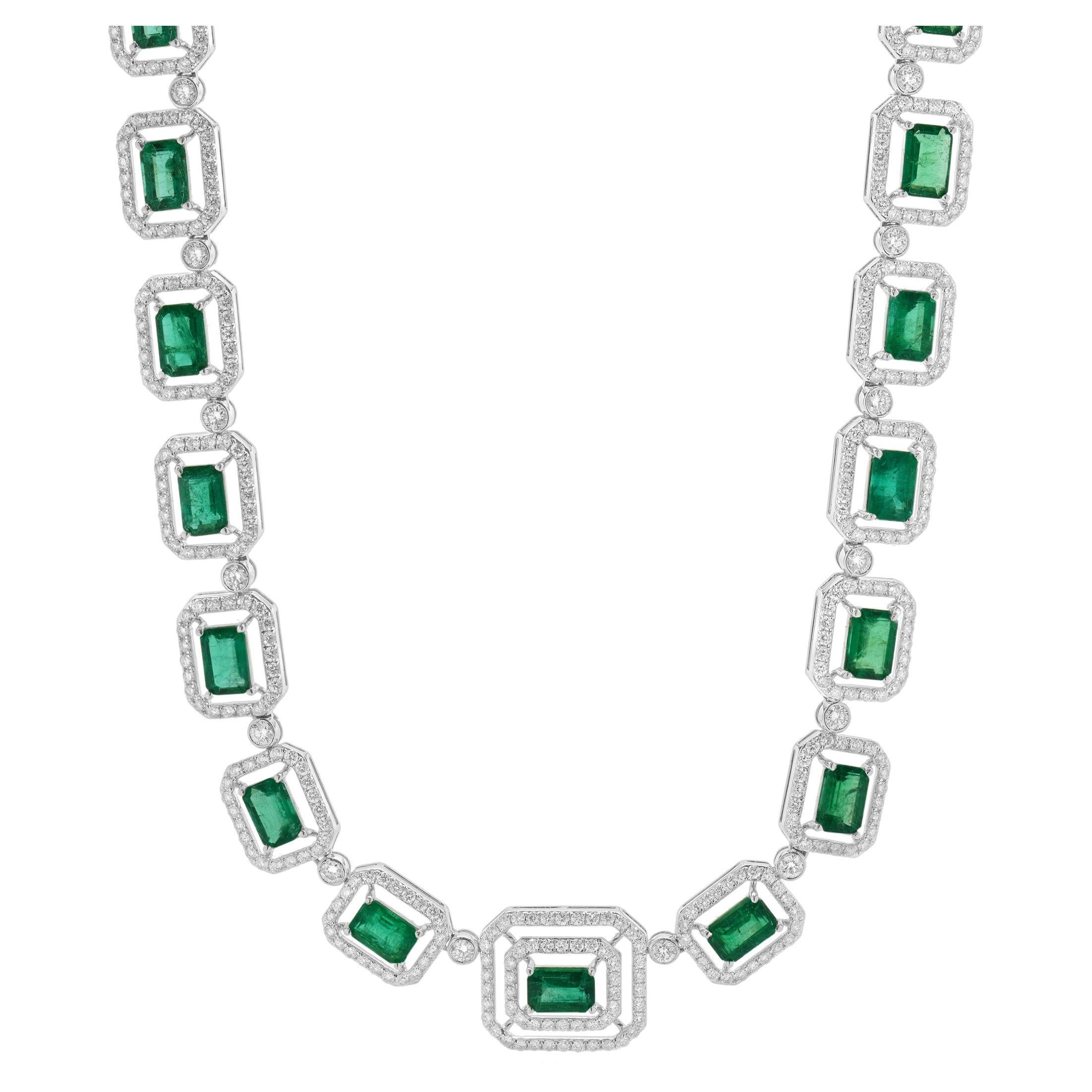 14 Karat White Gold Emerald and Diamond Square Link Necklace For Sale