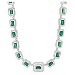 14 Karat White Gold Emerald and Diamond Square Link Necklace