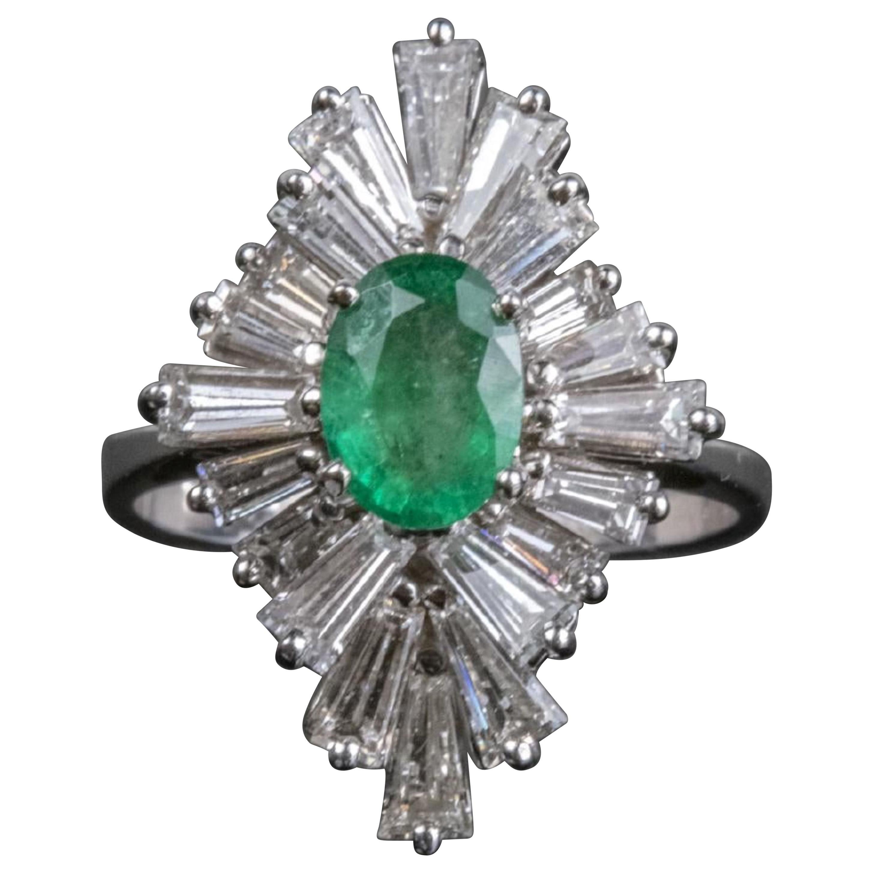 14 Karat White Gold Emerald and Diamond Statement Ring For Sale