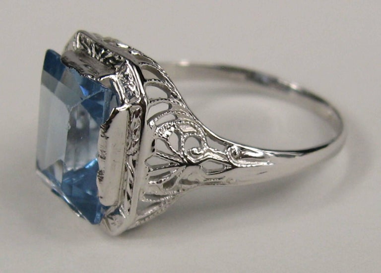 14 Karat White Gold Emerald Cut Blue Topaz Ring Art Deco For Sale at ...