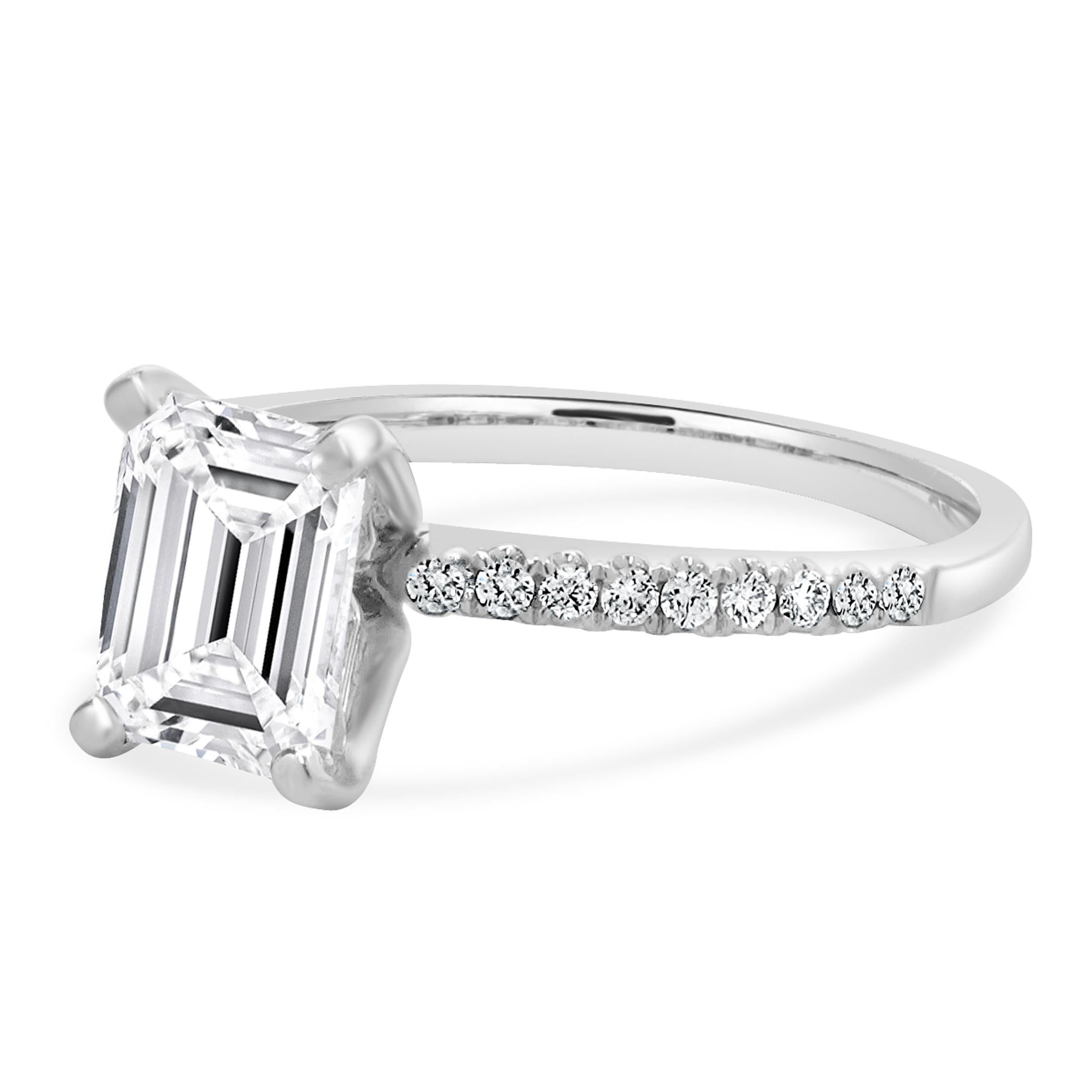 Designer: custom design
Material: 14K white gold
Center Diamond: 1 emerald cut = 1.55ct
Color : E
Clarity : VS2
GIA: 5231390862
Diamond: 18 round brilliant cut = 0.36cttw
Color : G
Clarity : VS1-2
Size: 6.75 complimentary sizing available 
Weight: