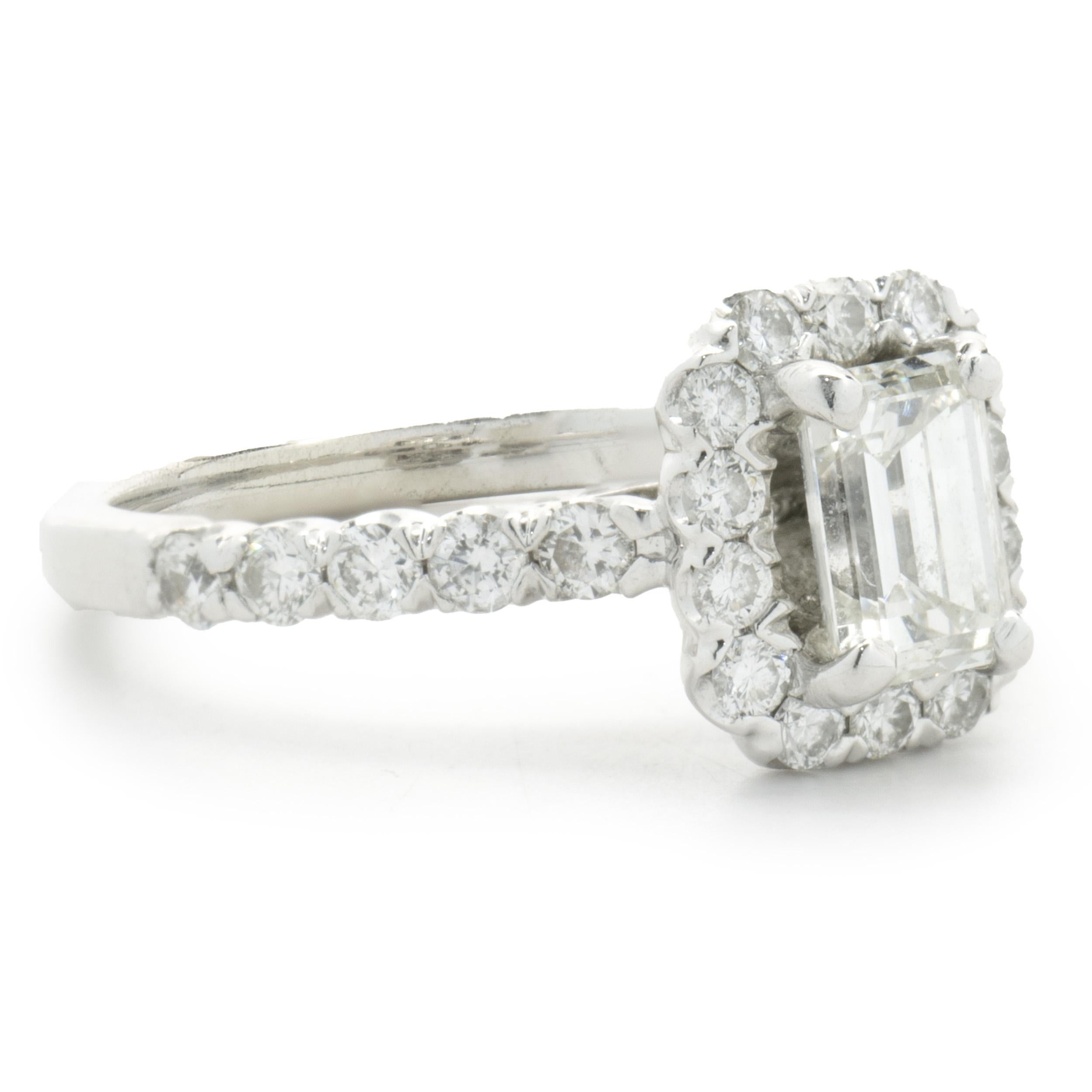 Women's 14 Karat White Gold Emerald Cut Diamond Engagement Ring For Sale