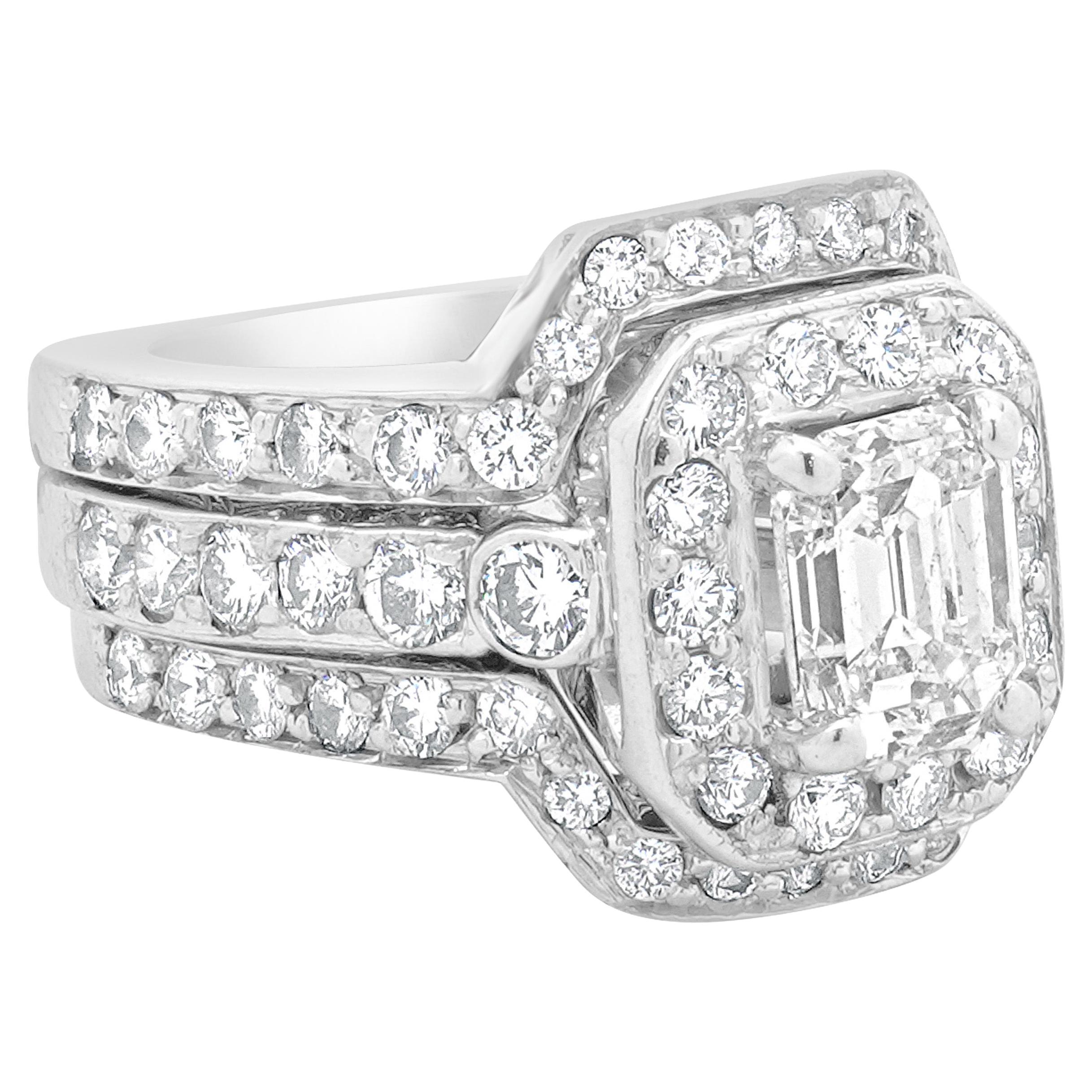 14 Karat White Gold Emerald Cut Diamond Engagement Ring Set