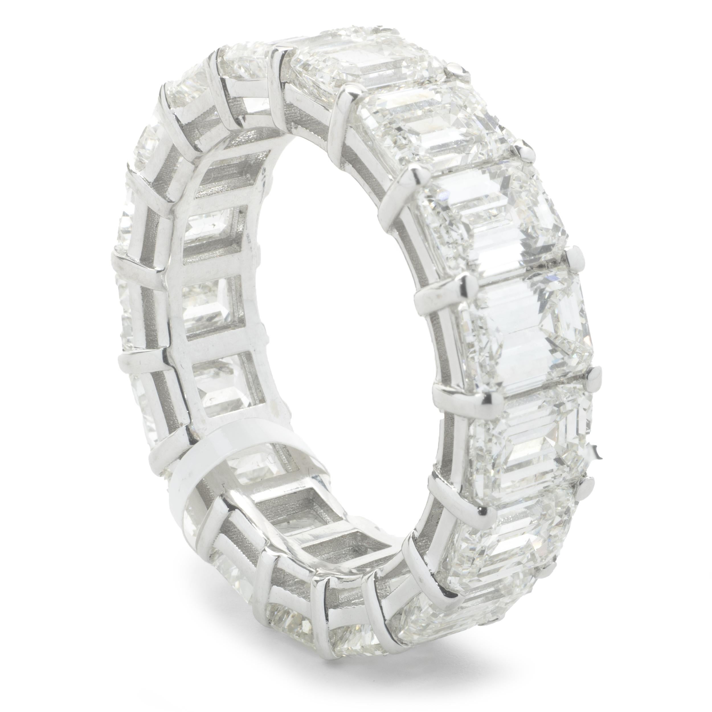 Designer: custom
Material: 14K white gold
Diamond: 17 emerald cut = 8.76cttw
Color: G / H
Clarity: VS1-2
Ring size: 6.25 (please allow two additional shipping days for sizing requests)
Weight:  5.88 grams
