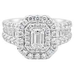 14 Karat White Gold Emerald Cut Double Halo Diamond Engagement Ring