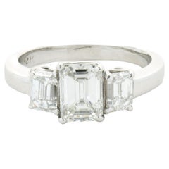 14 Karat White Gold Emerald Cut Three Diamond Engagement Ring