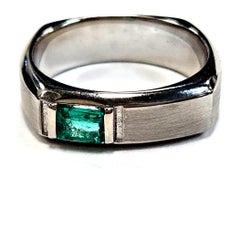 14 Karat White Gold Emerald Gentleman's Pinky Ring with Satin Finish