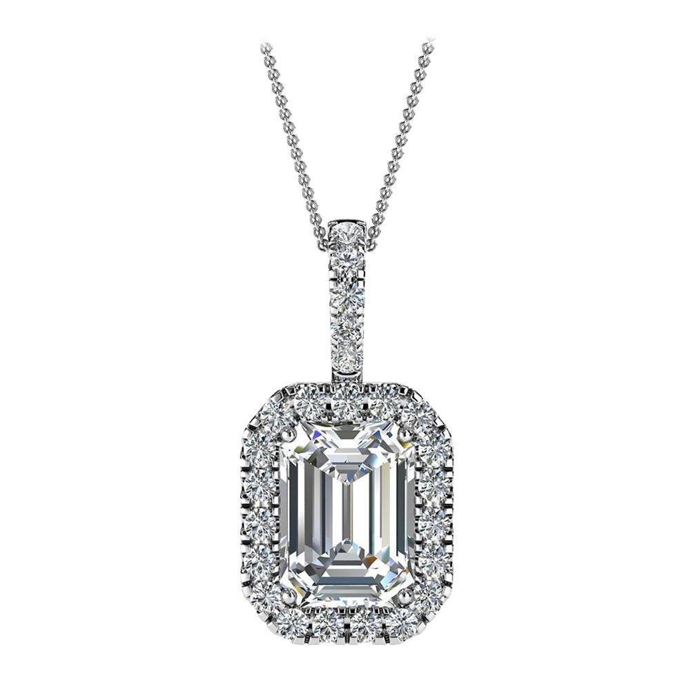 14 Karat White Gold Emerald Halo Diamond Pendant '3/4 Carat' For Sale