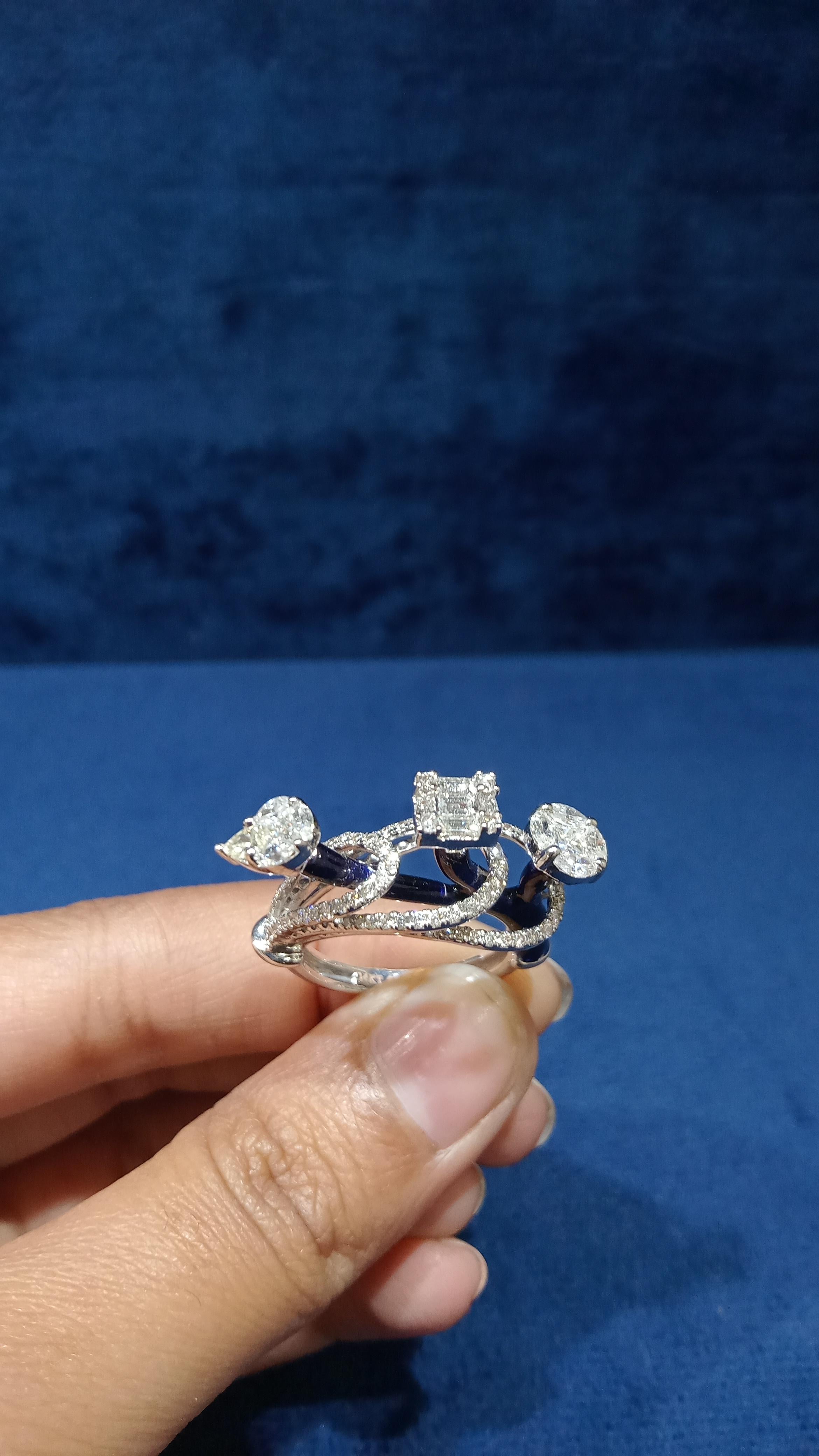 For Sale:  14 Karat White Gold Enamel Fancy Shape White Diamond Ring 4