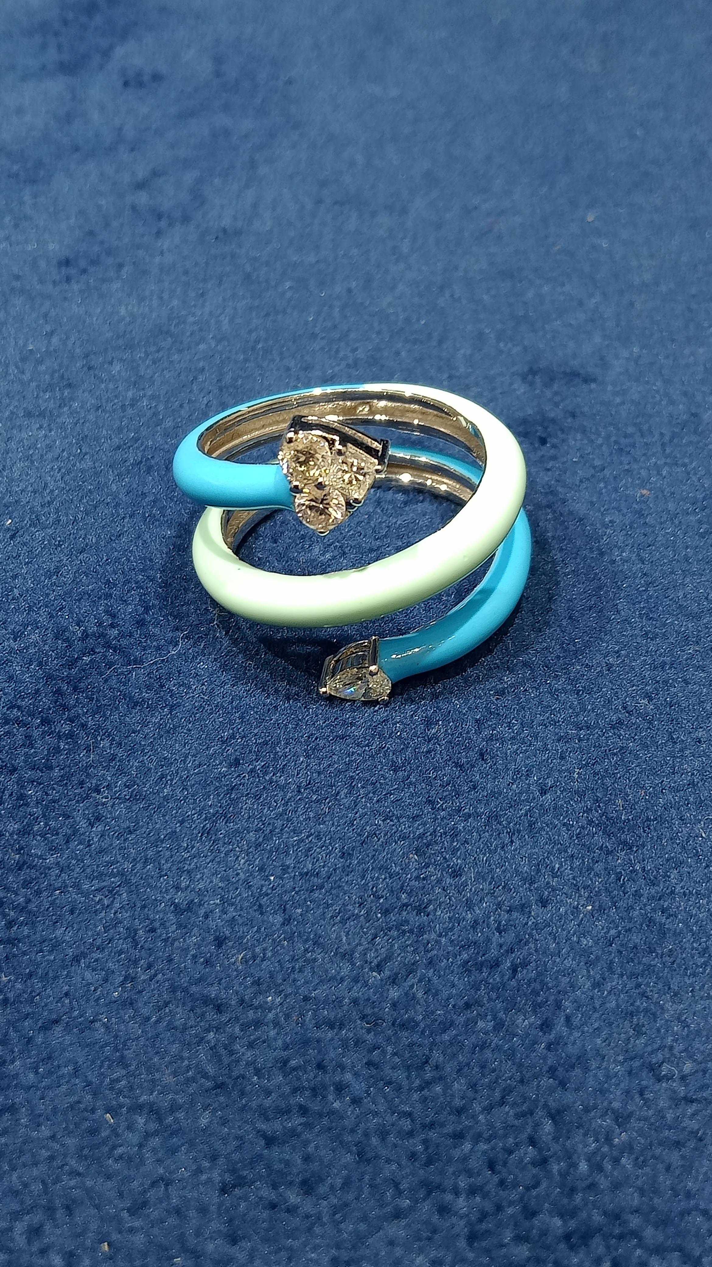 For Sale:  14 Karat White Gold Enamel Fancy Shape White Diamond Ring 4