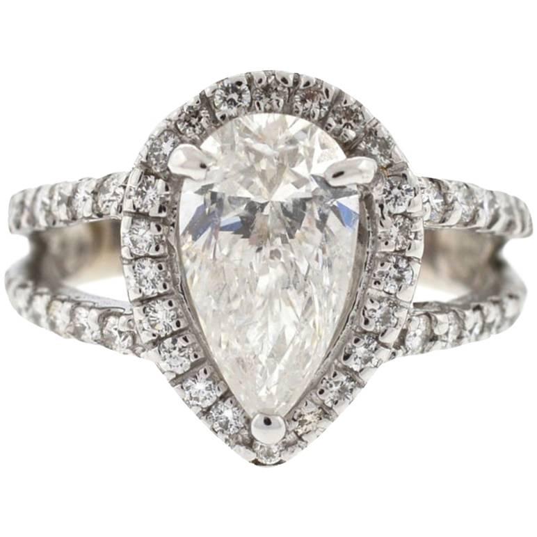 14 Karat White Gold Engagement Ring Two-Row Setting Pear Shape 2 Carat Diamond