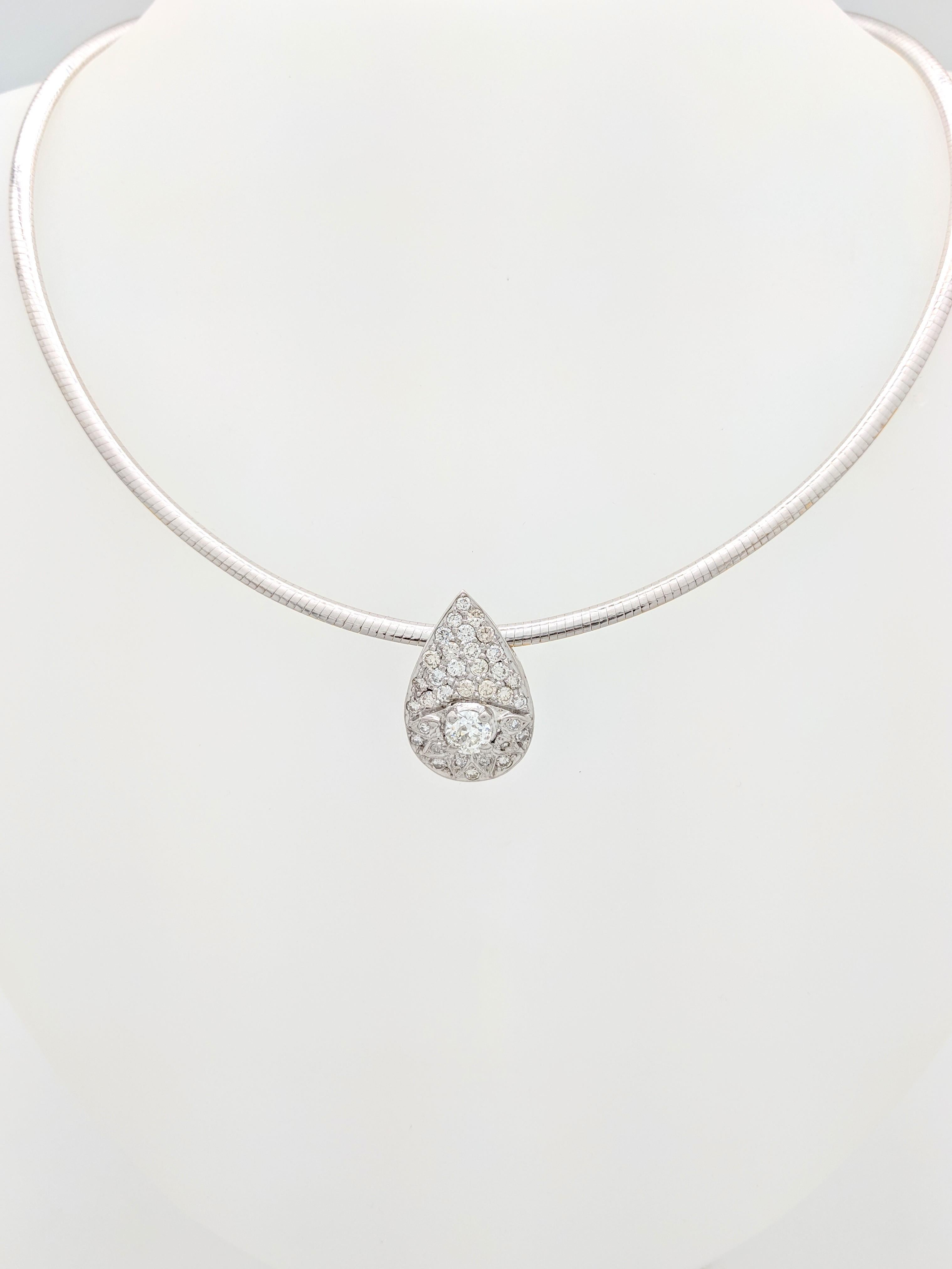 14K White Gold Estate Diamond Pendant on Reversible Omega 2-Tone Necklace

You are viewing a beautiful estate diamond pendant necklace. The pendant is crafted from 14k white gold. It features (1) .50ct round European cut diamonds surround by an