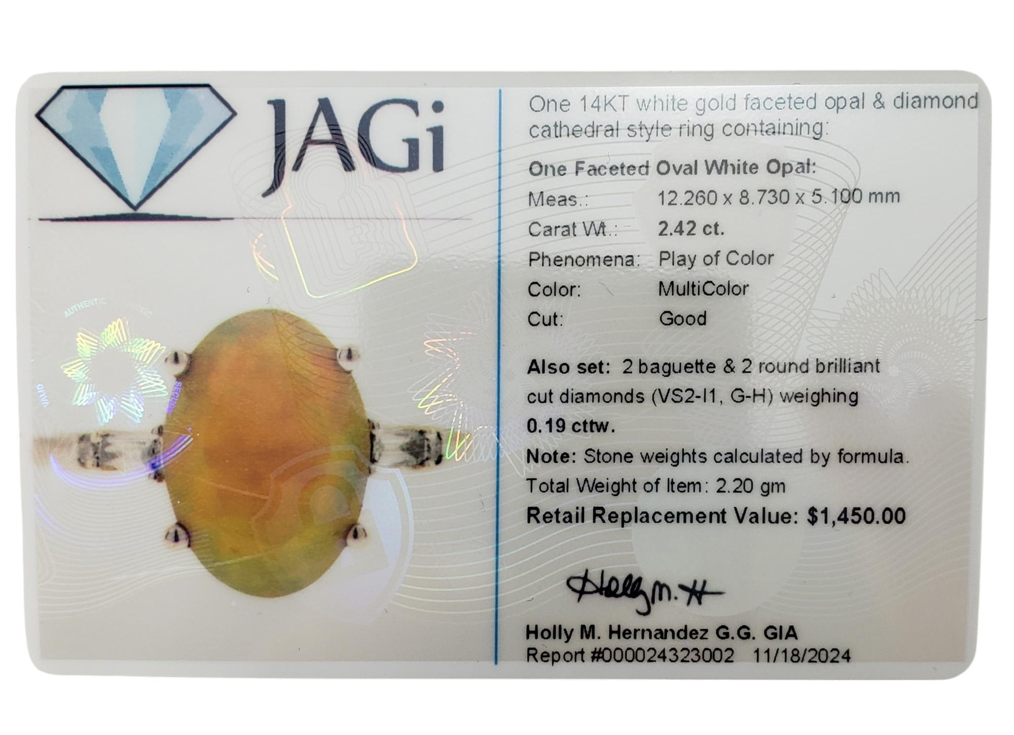14 Karat White Gold Faceted Opal and Diamond Ring Size 6.5 #19823 For Sale 4