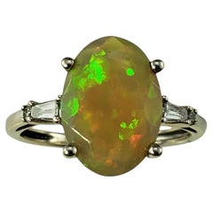 14 Karat White Gold Faceted Opal and Diamond Ring Size 6.5 #19823