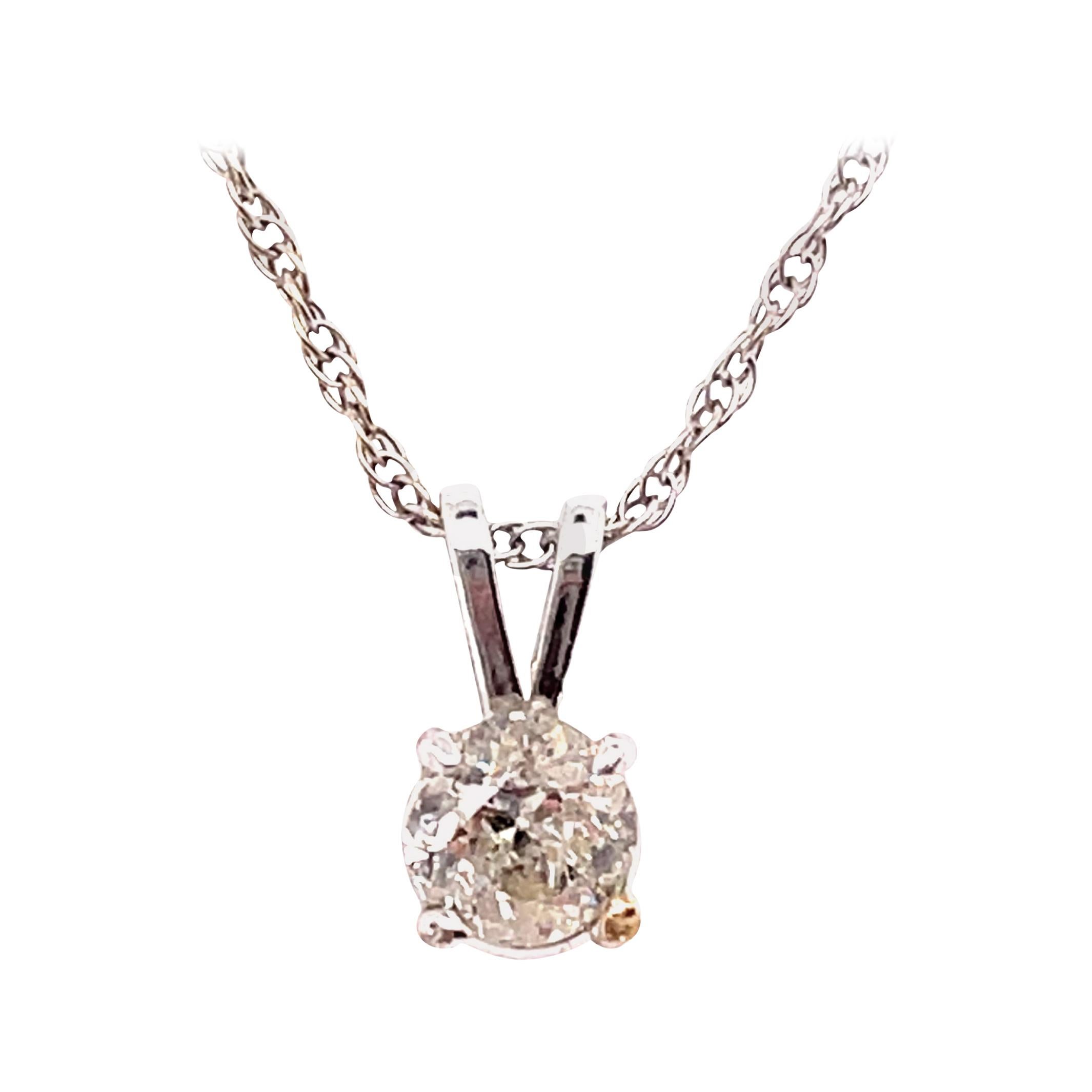 14 Karat White Gold Fancy Necklace with Diamond Round Pendant For Sale