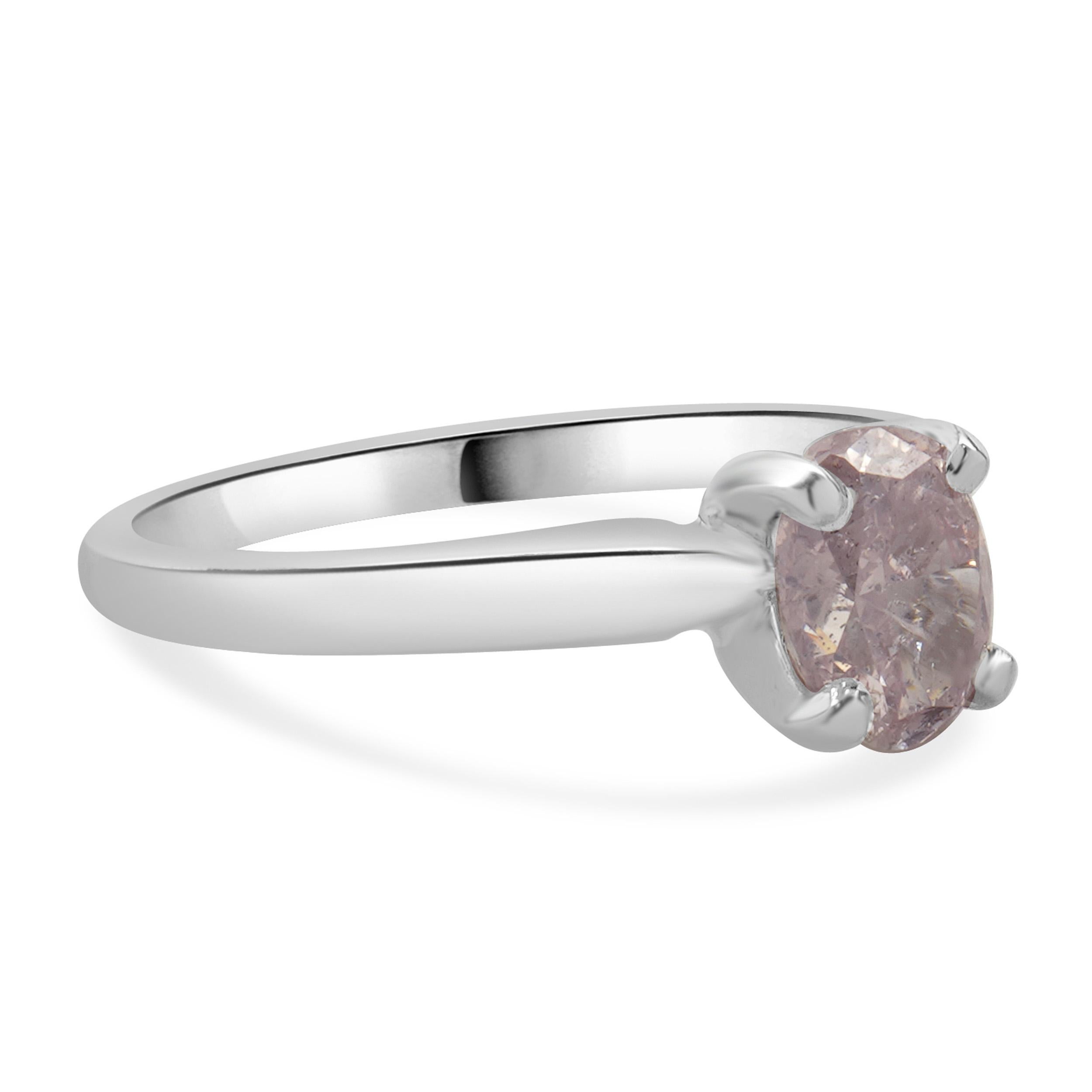 Women's 14 Karat White Gold Fancy Purplish Pink Oval Cut Diamond Engagement Ring For Sale