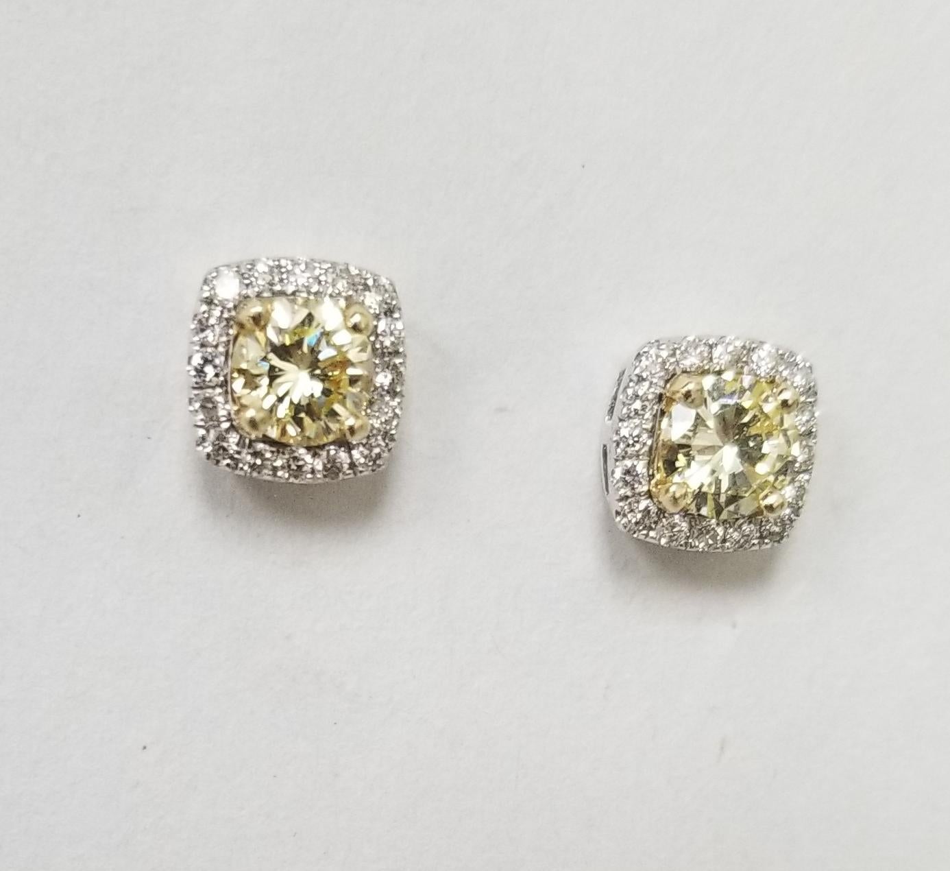 Round Cut 14 Karat White Gold Fancy Yellow Diamonds Earrings
