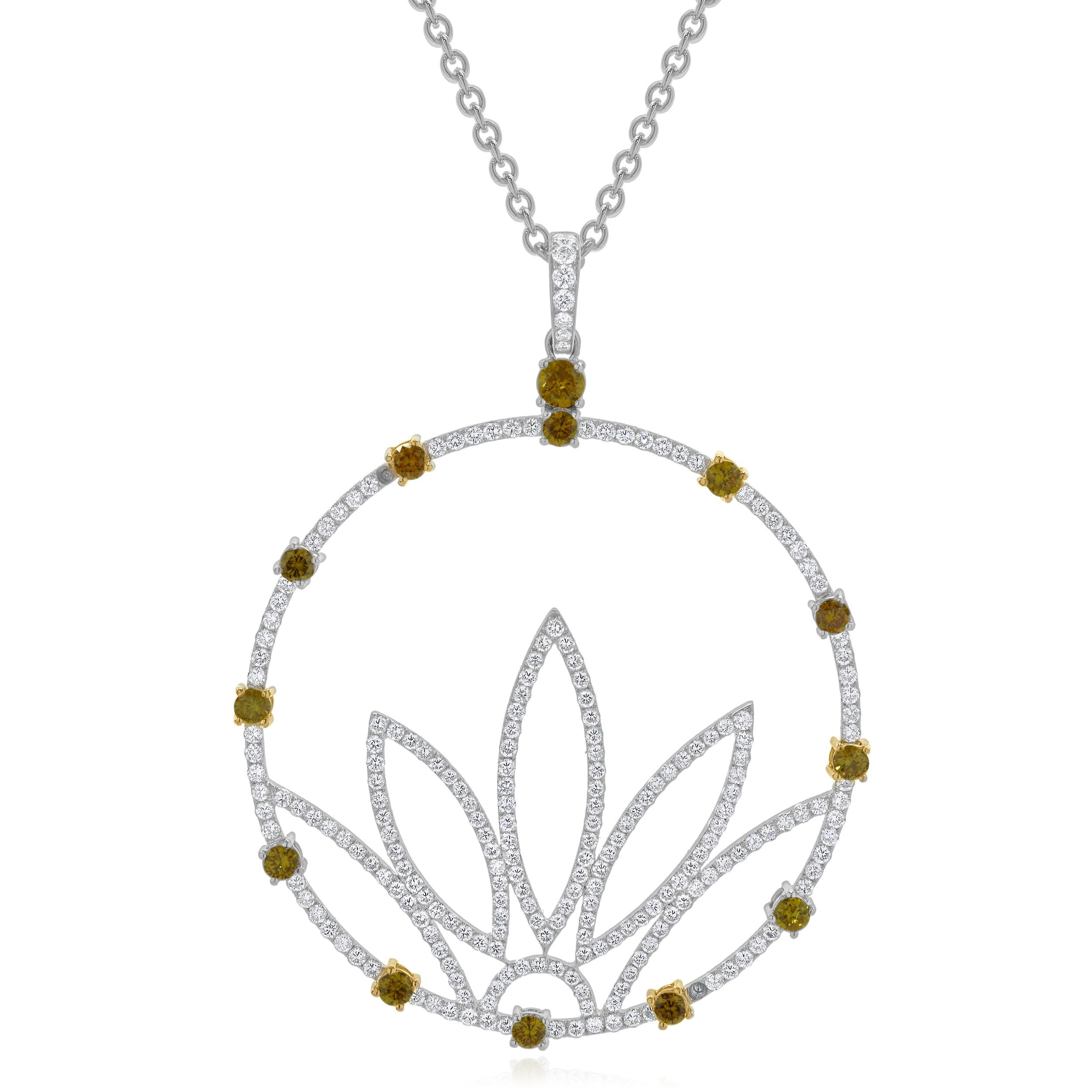 Designer: custom
Material: 18K white and yellow gold
Diamonds: 226 round brilliant cut = 3.13cttw
Color: G
Clarity: VS2
Diamonds: 13 round brilliant cut = 1.02cttw
Color: Fancy Yellow
Clarity: SI1
Dimensions: necklace measures 16-inches in length