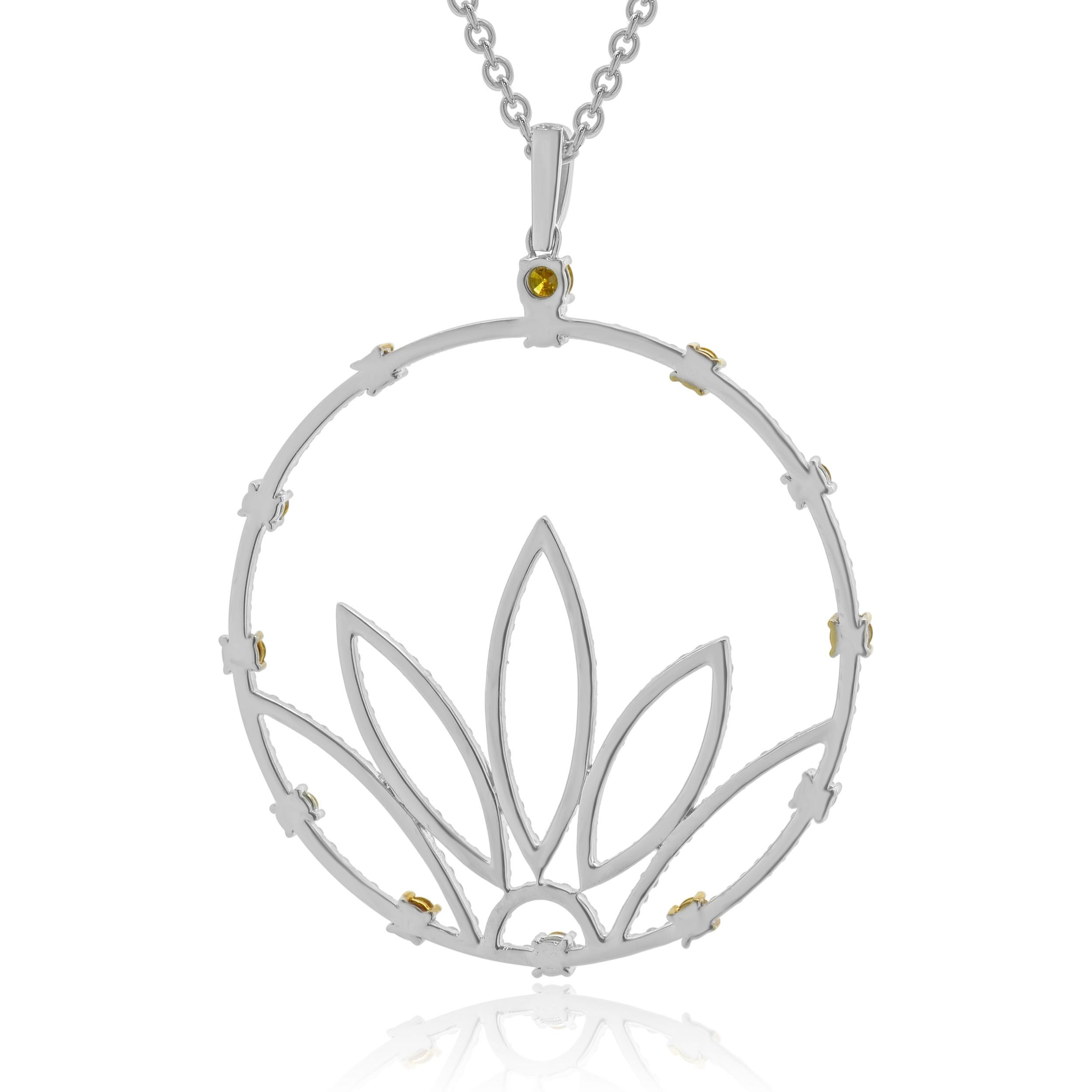 Round Cut 18k White and Yellow Gold Fancy Yellow & White Diamond Lotus Flower Necklace For Sale
