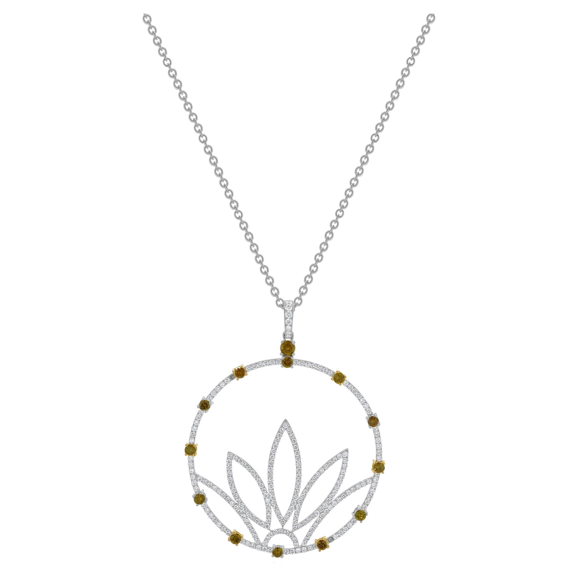18k White and Yellow Gold Fancy Yellow & White Diamond Lotus Flower Necklace For Sale