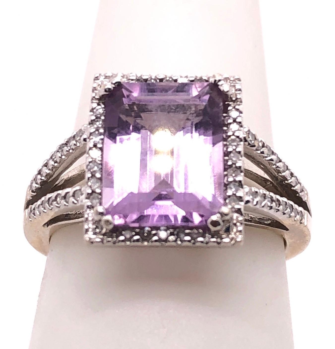 Cushion Cut 14 Karat White Gold Fashion Amethyst Ring with Diamonds For Sale