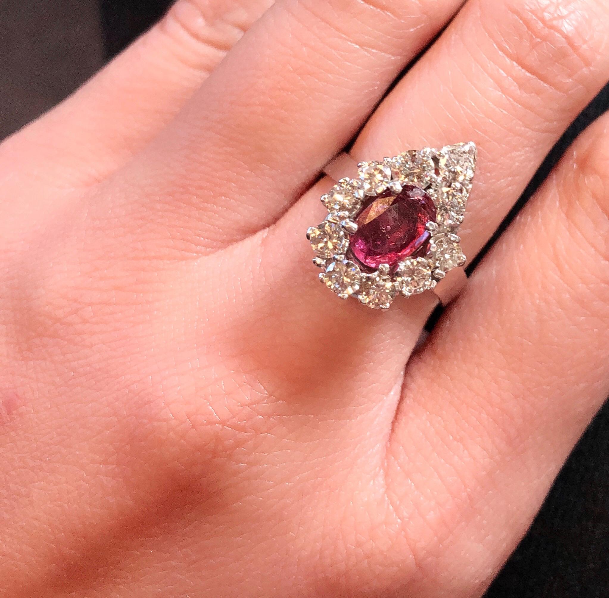 14 Karat White Gold Fashion Oval Ruby Solitaire Ring with Encircling Diamonds For Sale 5
