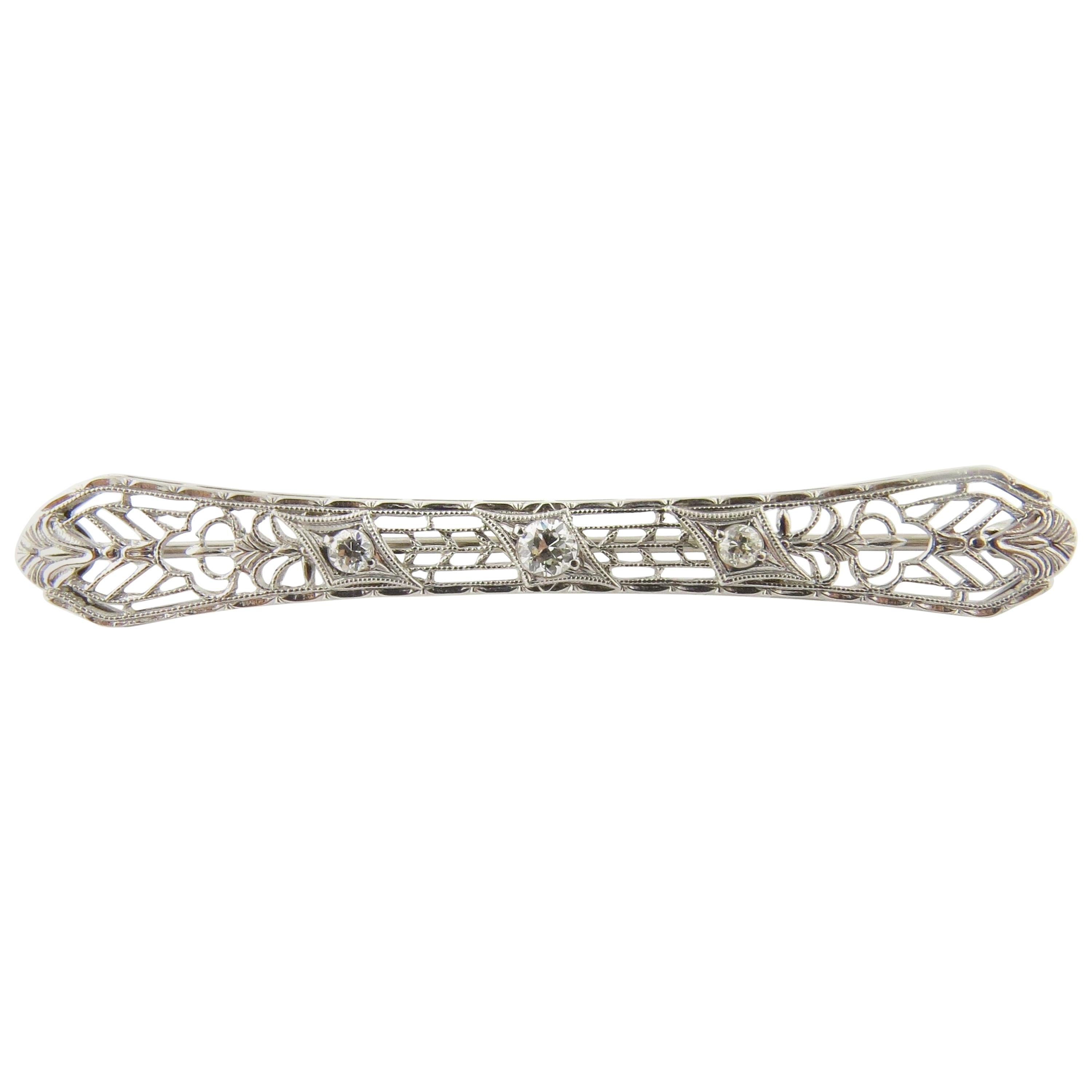 14 Karat White Gold Filigree and Diamond Pin or Brooch