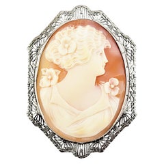 14 Karat White Gold Filigree Cameo Brooch