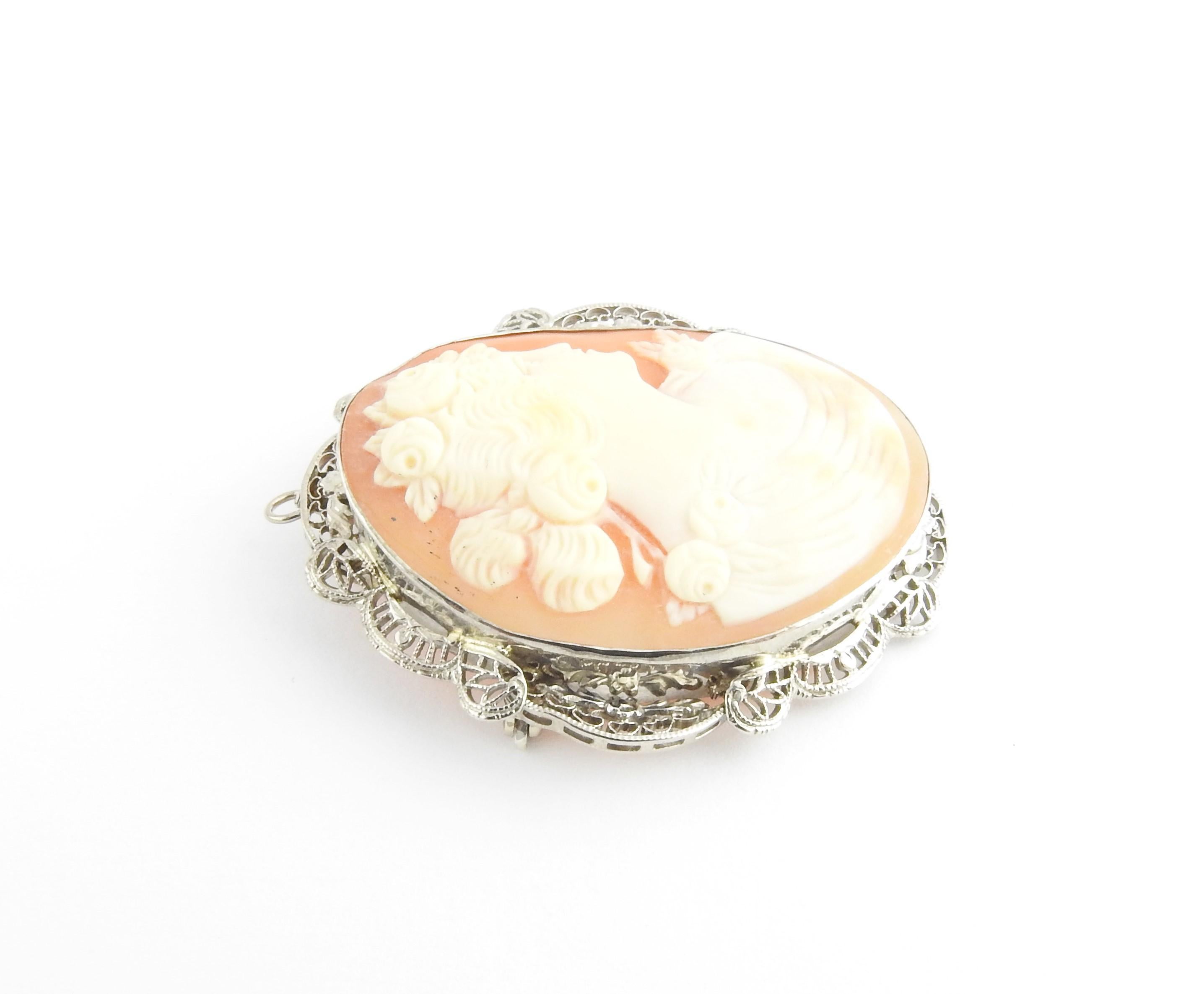 Women's 14 Karat White Gold Filigree Cameo Brooch / Pendant For Sale
