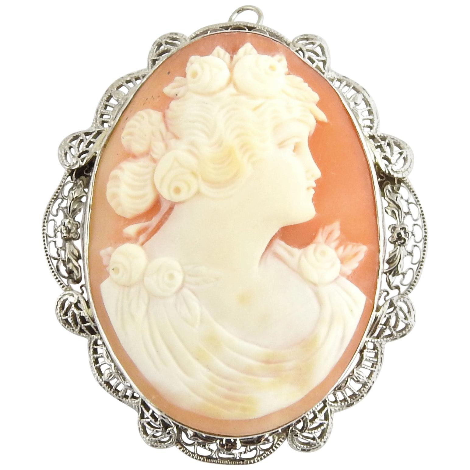 14 Karat White Gold Filigree Cameo Brooch / Pendant