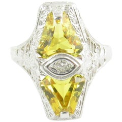 14 Karat White Gold Filigree Citrine and Diamond Ring