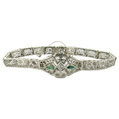 14 Karat White Gold Filigree Diamond and Emerald Bracelet